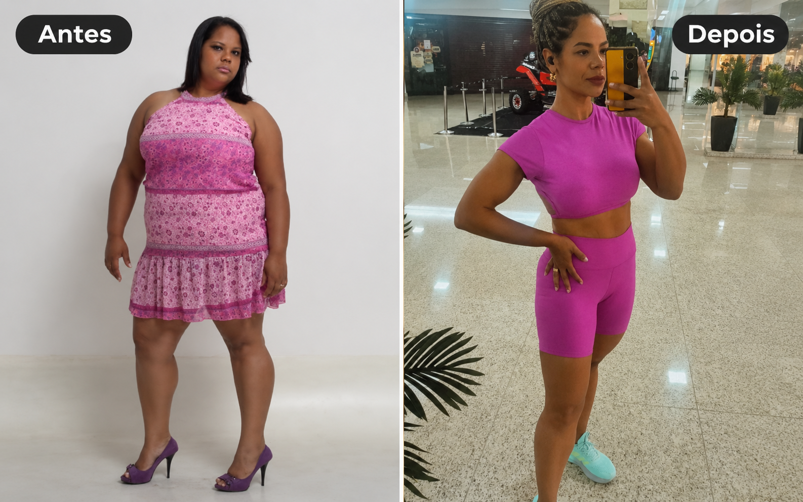 Transformação da aluna Sarah — comparativo antes e depois 1